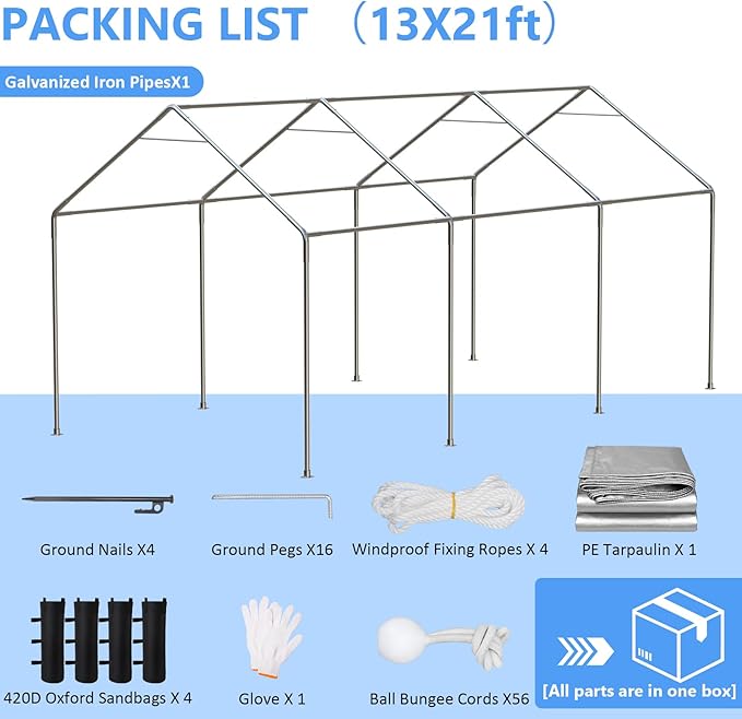Carport 13x21 FT Enclosed Carport with Roll-up Windows, Portable Garage with Removable Sidewalls & Doors, Car Canopy Tent with Sandbags All-Season Tarp for Car Boat Truck Motorcycle