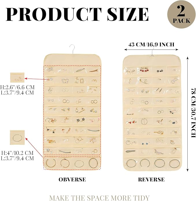 2 Pack Jewelry Hanging Organizer 80 Pocket with Hanger Hook, Double Sided Hanging Wall Jewelry Holder for Closet, Over Door Necklace Earring Storage Roll Bag for Women Ring Bracelet, Beige