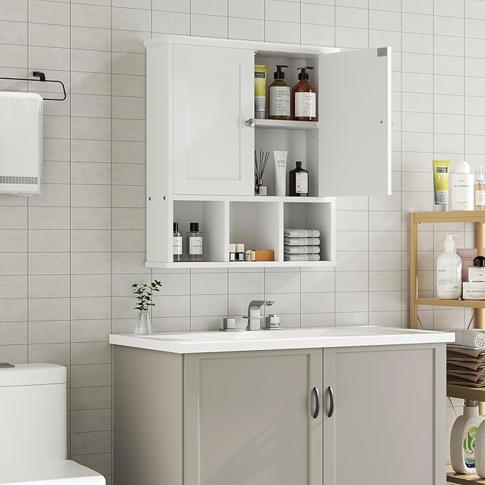 Shintenchi Bathroom Wall Cabinet with Door, Storage Organizer Over The Toilet Medicine, Space Saving with Adjustable & Open Shelf, Solid White