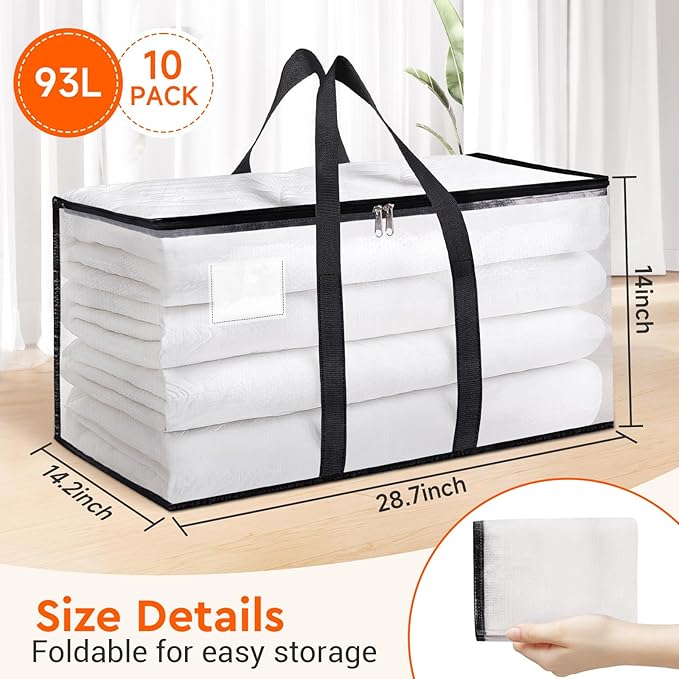 BlissTotes Moving Bags, 93L 10-Pack Storage Bags, Moving Box Heavy Duty Extra Large, Moving Totes with Zipper, Reinforced Handles Boxes for Packaging Moving, Decorative Wreath Storage