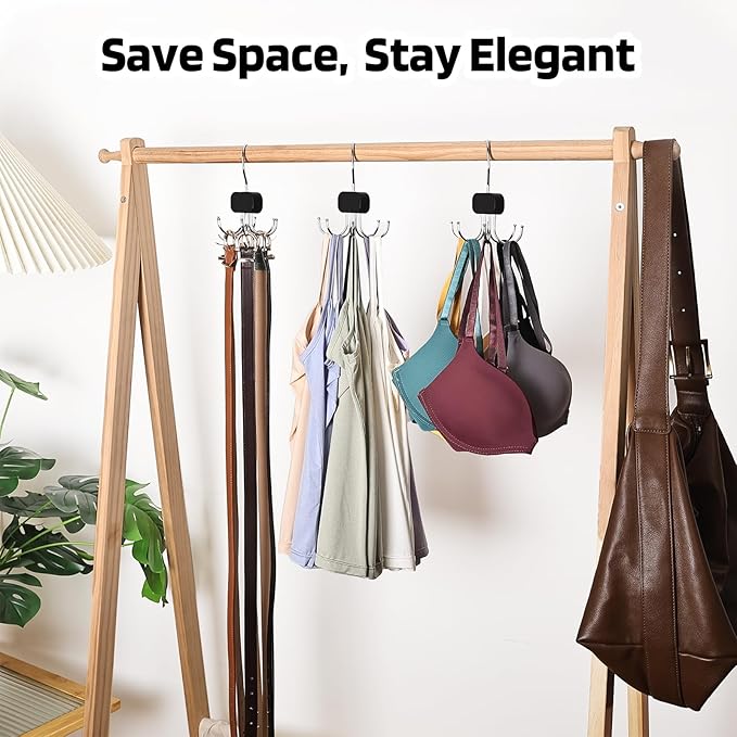 3 Pack Tank Top Hangers, 2025 Upgraded Bra Hanger for Closet Organizer & Storage, 360° Rotating & Foldable Design, Wooden Space-Saving Hanger for Tank Tops, Bras and More (Black)