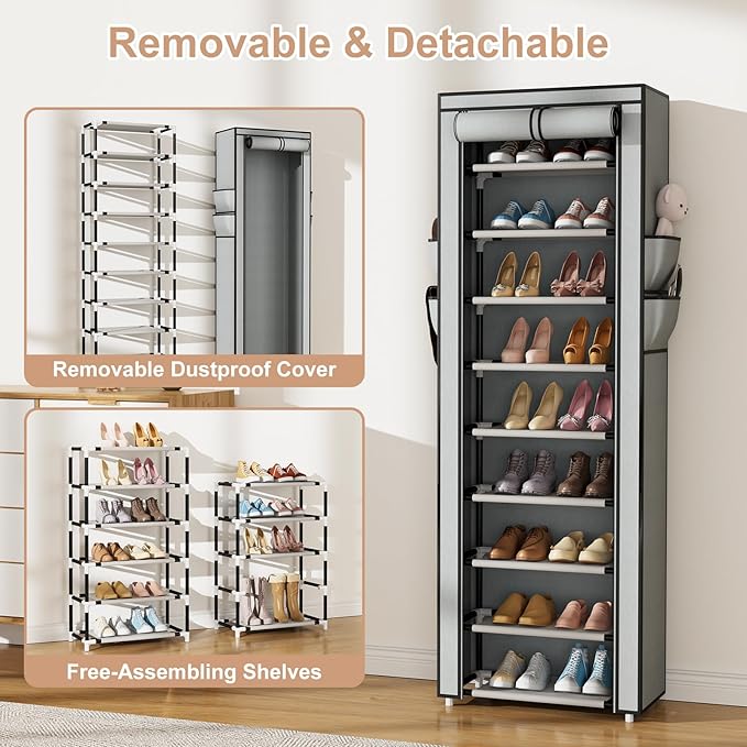 Shoe Rack with Cover Narrow Shoe Rack Organizer with 4 Side Pockets 10 Tier Tall Shoe Storage Shoe Shelf Holds 18-22 Pairs Shoes and Boots Shoe Rack for Closet, Grey