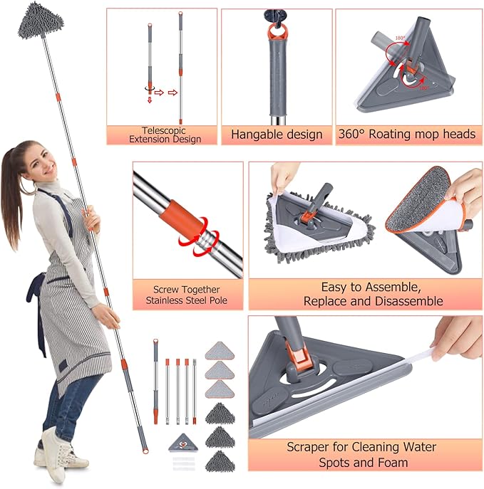 Wall Cleaner 98 Inch Wall Cleaner with Long Handle,HoMerit Wall Cleaner Mop 360° Rotatable Adjustable Cleaning Mop,Ceiling Dust Mop,Wall Cleaning Tool for Walls/Baseboard/Floors,6 Replacement Pads