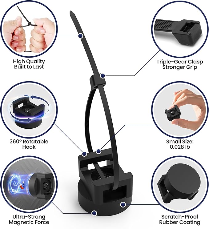 20Pcs Heavy Duty Magnetic Zip Tie Mount Kit with 200Pcs Cable Ties - Strong Magnetic Cable Zip Tie Holder for Automotive, Home & Office Cable Management | Rubber-Coated Base, 22mm Diameter