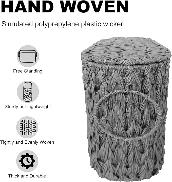 Toilet Paper Storage Basket with Lid,Wicker Toilet Paper Holder Stand,Narrow Decorative Woven Bathroom Basket Organizer,Free Standing Grey