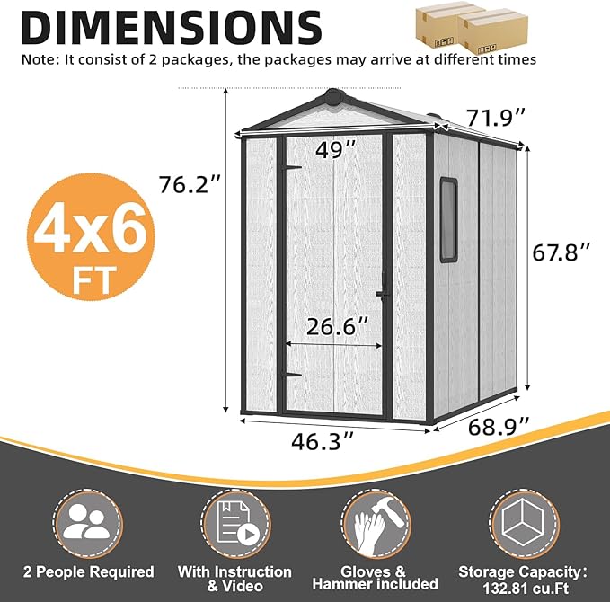 MELLCOM 4 x 6 FT Resin Outdoor Storage Shed with Floor, Resin Outdoor Storage Tool Shed with Windows and Lockable Door, Garden Shed for Lawnmower, Bike, Pool Supply