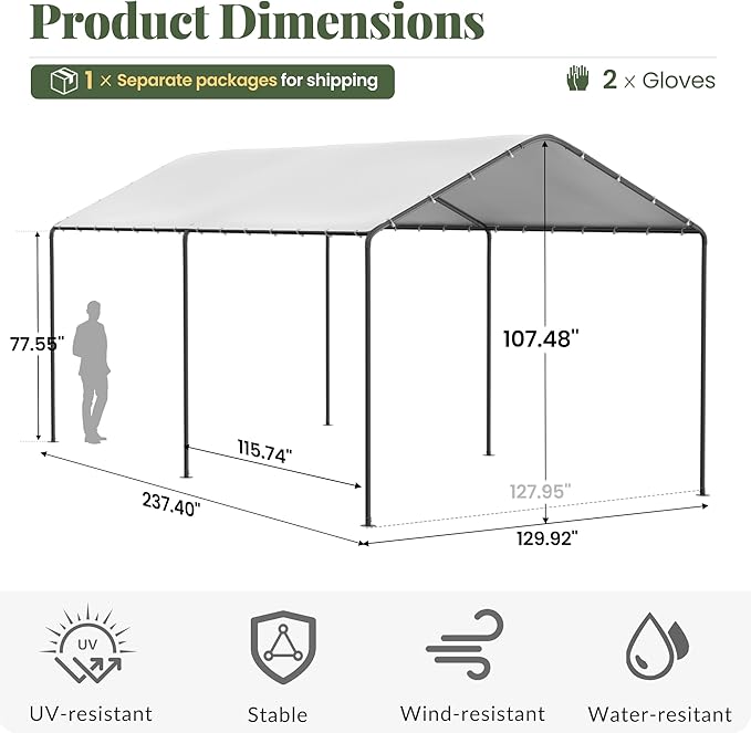 Carport, 10‘ x 20’ Heavy Duty Portable Garage All-Season Car Canopy, Outdoor Garage Boat Shelter Carport Canopy Party Tent w/Water-Resistant Tarp for Backyard (White, 10' x 20' /no Side)