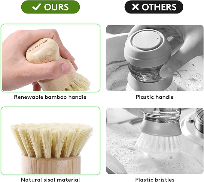 4 Pack Bamboo Dish Brush, Dish Scrubber Brush with Sisal Bristle, Natural Scrub Brush for Kitchen Cleaning Dishes, Pots, Pans, Bottles, Vegetables