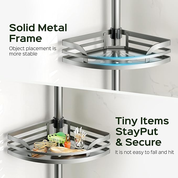 HAMITOR Shower Caddy Tension Pole：4-Tier Rustproof Bathroom Corner Shelf for Renters - 47-121inches Adjustable Bathtub Organizer with Soap Holder-large capacity rack for Shampoo Storage Home Accessory