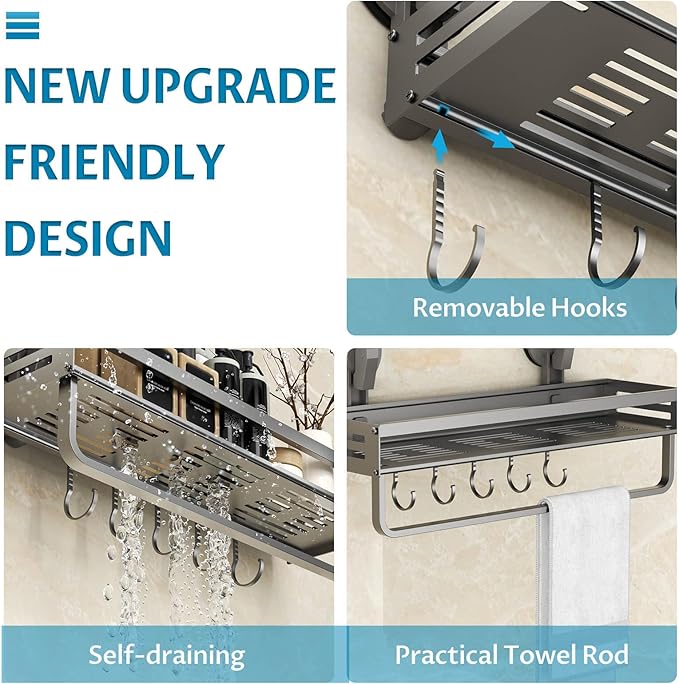Onemake Shower Caddies Suction Cup, 2 Pack 15.7 inch Aluminum Suction Showers Organizer with Towel Bar & Hooks, Rustproof Shower Shelves, No Drilling Bathroom Shelf Storage Rack, Gray