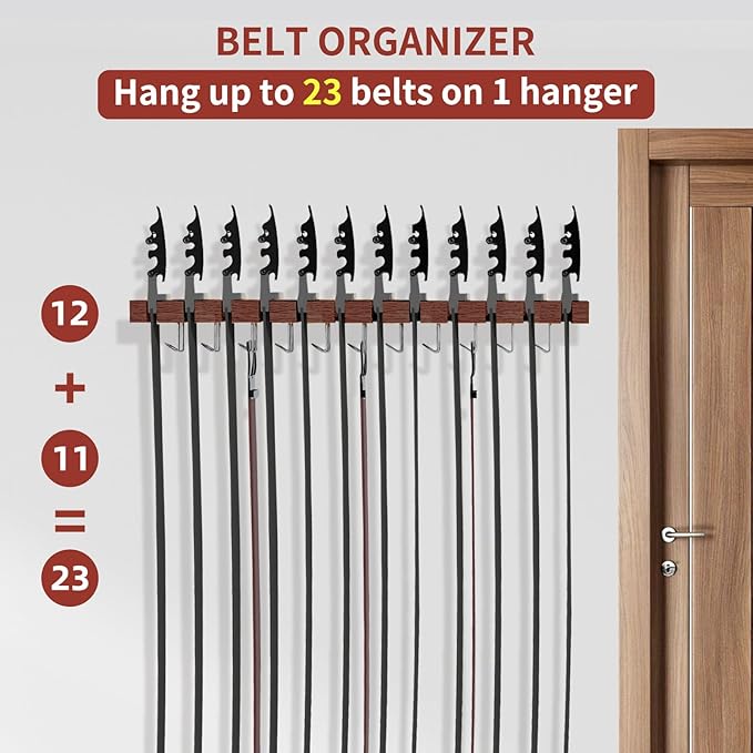 Belt Hanger for Closet Max 42 Belts, 2-in-1 Wall Mount Belt Organizer with 360° Rotating Hooks, Wooden Tie and Belt Rack for Closet Accessories Organizers and Storage, Walnut Wood