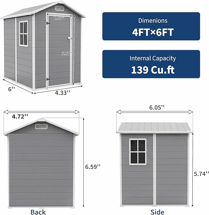 4x6 FT Outdoor Storage Shed with Floor, Plastic Resin Garden Shed with Window & Sloping Roof & Lockable Door for Patio Backyard Garden, Lawn Mower, Bike, Tool Storage