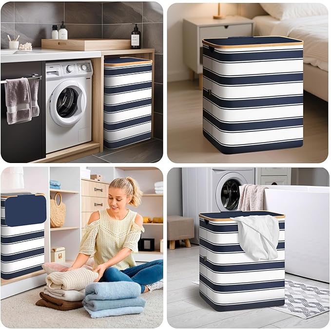 BALEINE Laundry Hamper with Lid, Tall Laundry Baskets with Bamboo Pull Handles, Large Laundry Bin with Internal Support (18 Gal/70L, Blue Stripe)