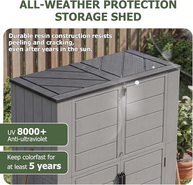Aoxun 61 Cu.Ft Outdoor Storage Shed, Widened Outdoor Storage Cabinet Waterproof Vertical Resin Shed with Floor for Patio, Garden Tools, Pool Equipment, Easy to Assemble (Grey)