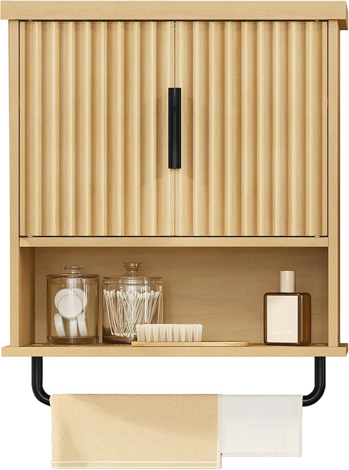 VASAGLE MAXE Collection - Bathroom Cabinet Wall Mounted, Over Toilet Hanging Cabinet with Adjustable Shelf, Towel Bar, Fluted Doors, 7.9 x 17.7 x 24 Inches, Transitional, Oak Beige UBBK137Y01S