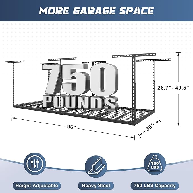 3X8FT Overhead Garage Storage Rack, 26"-40" Height Adjustable Garage Ceiling Storage Racks, Heavy Duty Metal Overhead Storage Organizer System, 750LBS Weight Capacity