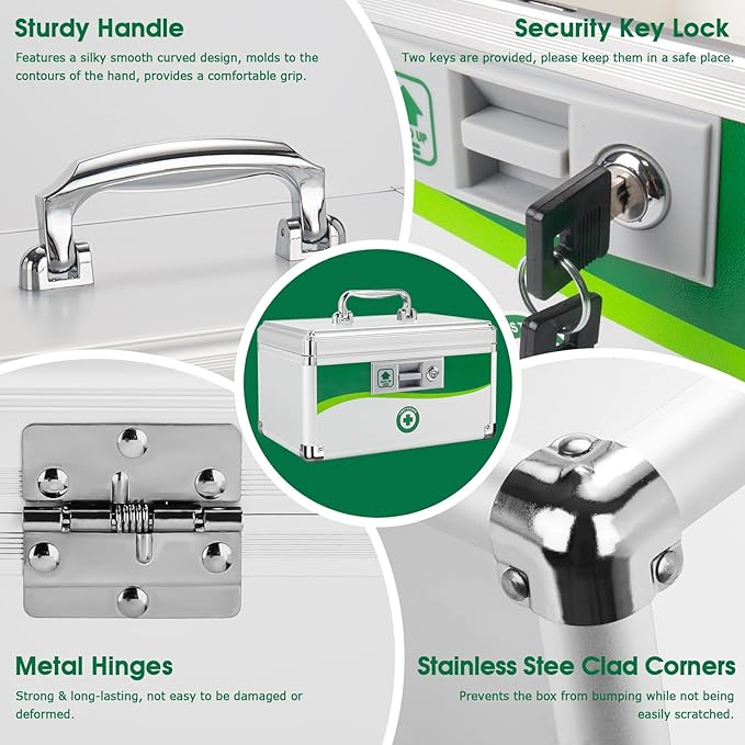 Medicine Lock Box with Keys, Medication Storage Lock Box, (Size-Small 10 * 6.9 * 6.9inch) First Aid Safe Layered Aluminum Daily Medicine Lockable Box with Key