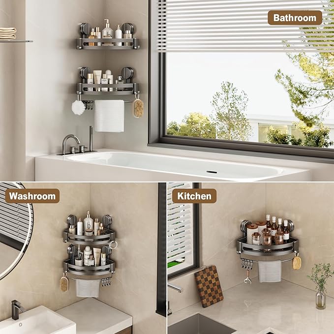 VOLPONE Shower Caddy Suction Cup, 2 Pack Corner Shower Shelves No Drilling, Showers Organizer Storage with Towel Bar & Removable Hooks, Bathroom Shower Shelf Rack for Inside Showers, Triangle