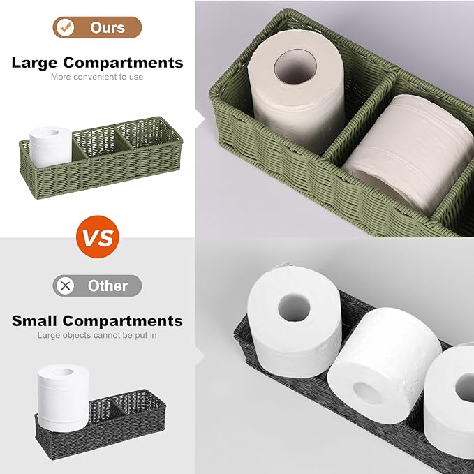 Toilet Paper Basket Decor: Sage Green Water-Resistant Organizer - 3-Section Basket Set | Modern Minimalist Storage 2-Pack