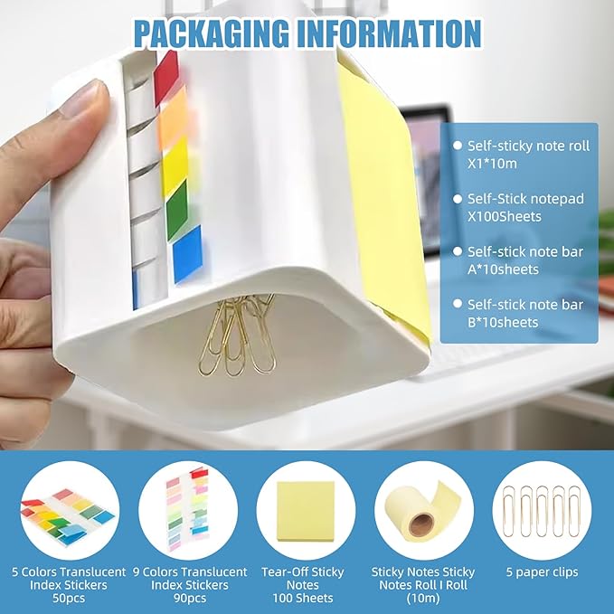 5-in-1 Sticky Note Dispenser and Holder with Pop Up Notes, Transparent Tabs, Magnetic Paper Clip Holder, Roll Sticky Notes - Multifunctional Cube Desk Organizer for Office, School & Home (Black)