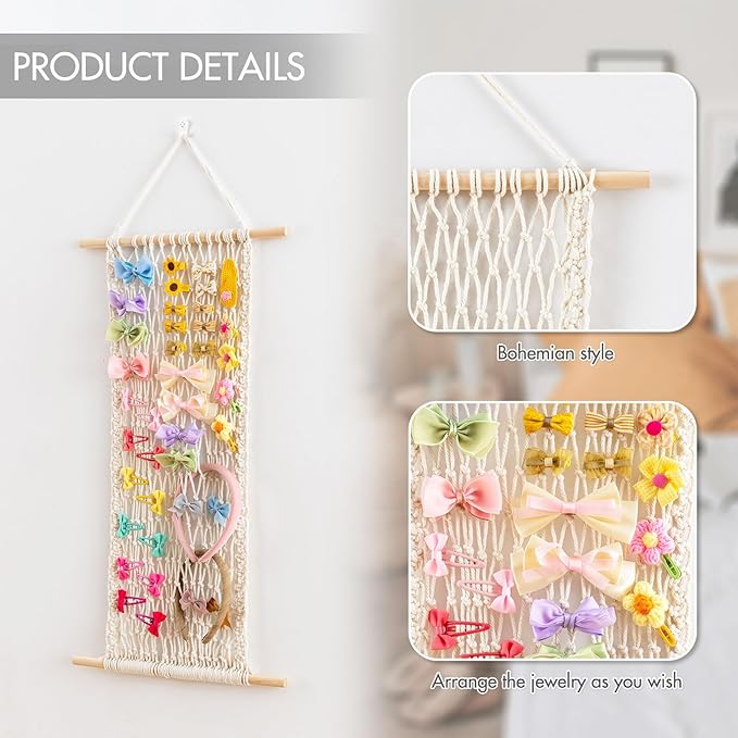 Pretty Jolly Macrame Hair Clips Accessories Organizer Hairbow Holder Rack for Girl Clips Storage Claw Clip Ornaments Keeper for Girls Room Wall Hanging Decor(Yellow)
