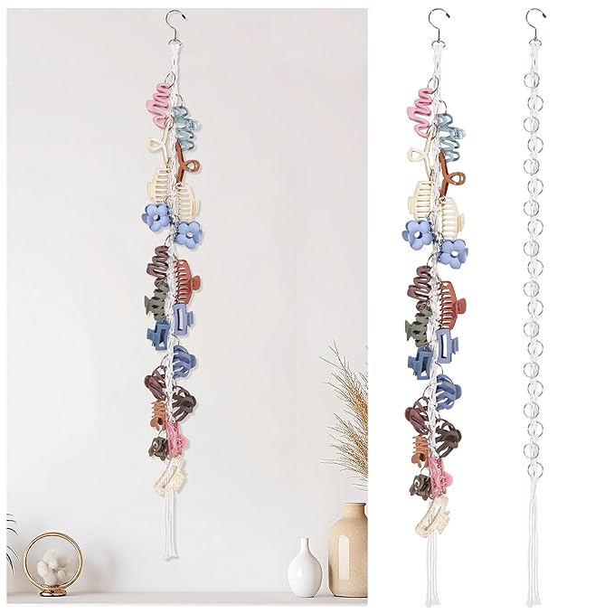 SNOWSTAR Macrame Hair Claw Clip Organizer with Rotating Hook and 20 Metal Rings,Hanging Hair Clip Holder and Storage for Women Girls,Claw Clips Hanger Home Decor for Wall,Door,Closet