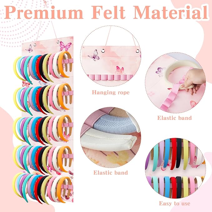 Tudomro Hanging Headband Holder for Girls Felt Hair Accessories Organizer with 60 Elastic Bands Bow Hanger for Girls Hair Bows Without Headbands(Butterfly,Pink, Purple)
