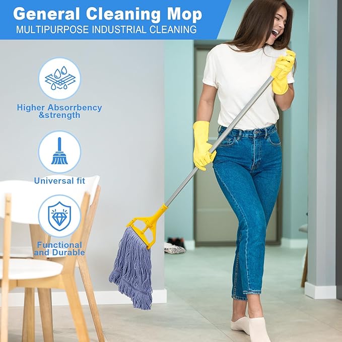kCarpolyGeneral Cleaning Mop Heavy Duty Commercial Replacement, Heavy Duty Mop Head Commercial Replacement ，Wet Industrial Blue Cotton Looped End String Head Refill (Pack of 3) Blue