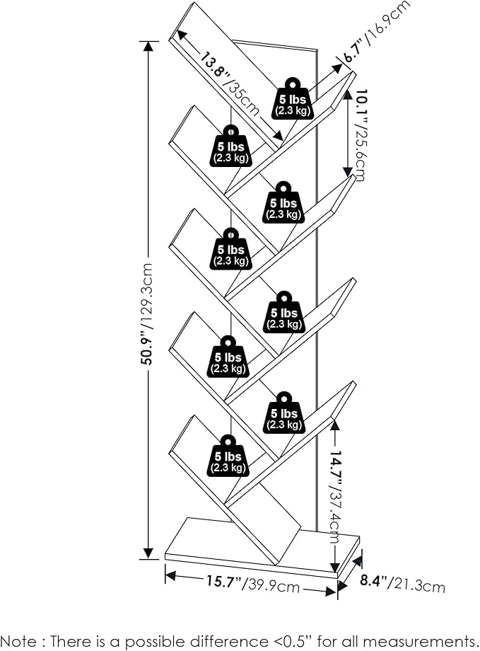 Furinno TREE Book Shelf, 9-Tier Bookshelf, Tree Bookcase with Angled Open Shelf, 8.4" x 15.7" x 50.9", for Room Decor, for Living Room, Bedroom, Home Office, White