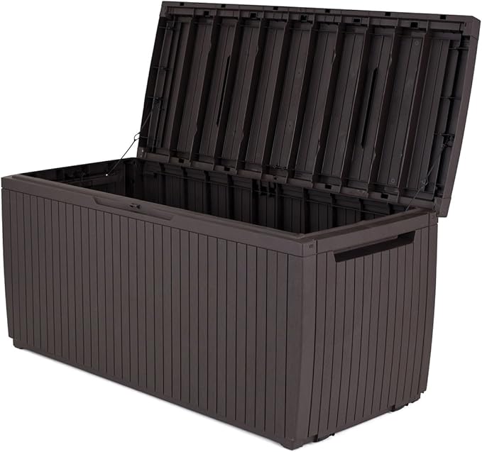 Keter Springwood 80 Gallon Resin Outdoor Storage Box for Patio Furniture Cushions, Pool Toys, and Garden Tools with Handles, Brown