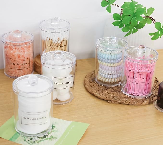 4 Pack Acrylic Qtip Holder Dispenser,Canisters Apothecary Jar Set, Vanity Makeup Storage Organizer Set,10 oz
