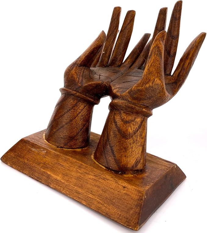 Hands Eyeglass Ring Holder - Hand Carved Wooden Card Ring Trinket Holder Figure Decor 6.5" Brown Classic Wooden Jewelry Stand