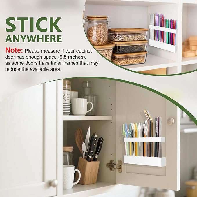9.5” Large Acrylic Straw Holder for Cabinet Door - Reusable Tumbler Straw Organizer Storage, Small Kitchen Accessories Container, Ultra Sticky Cupboard Door Mounted (White)
