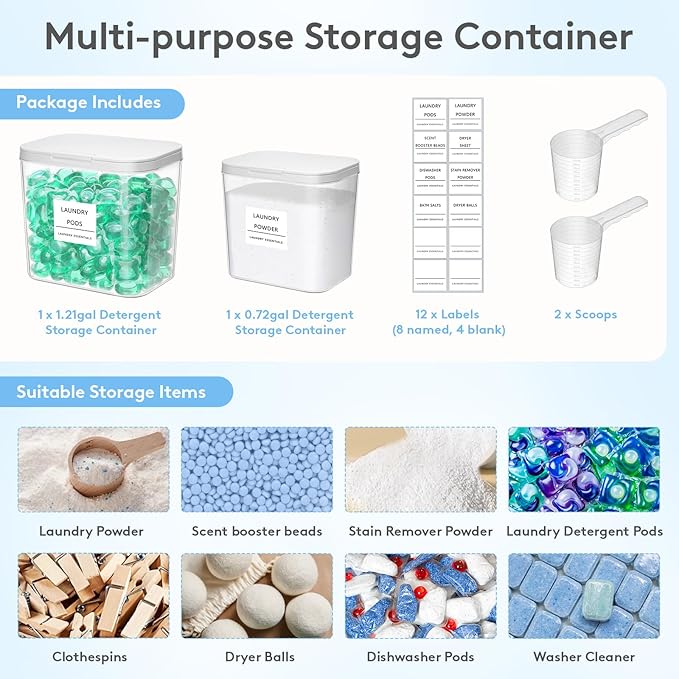 Lifewit 2 Pcs Laundry Pods Container with Pop-up Lid, Dryer Sheet Holder, Laundry Room Organization Storage Jars for Washing Powder, Soap, Scent Booster Beads, 2700 +4500ml/0.72+1.2gal