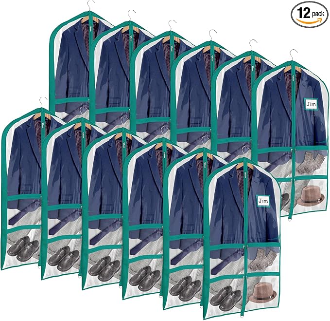 Univivi Clear Blue-green PVC Dance Costume Bags Garment Bag 40 Inch for Dance Competitions, with 4 Medium Clear Zipper Pockets and 1 Large Back Zippered Pocket (12 Pack, Clear Blue-green)