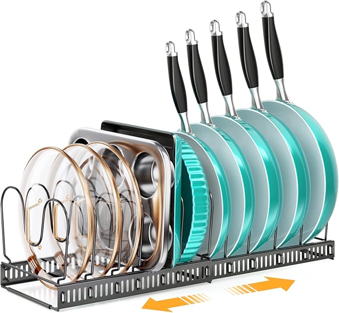 MUDEELA Expandable Pots and Pans Organizer Rack under Cabinet, Pots Lid Organizer Rack for Kitchen Cabinet Organizers and Storage with 12 Adjustable Dividers Cutting Board Holder & Anti-Scratch Strips