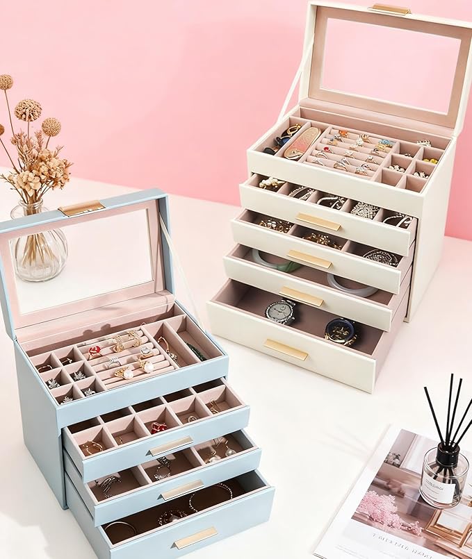 5 Layer Jewelry Box for Women, Glass Lid Jewelry Organizer with 5 Drawers for Necklaces Rings Earrings Bracelets - White (Pearl White)