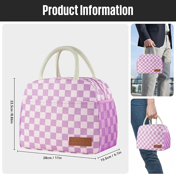 Lunch Bag Women/Men Lunch Box Women/Men (Purple+Pink Checkerboard)