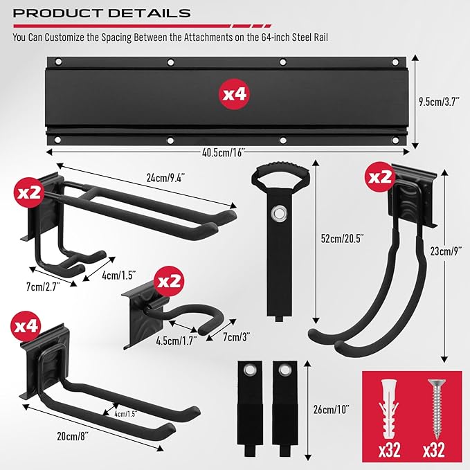 SEDY 64" Heavy Duty Garage Storage Tool Organizer Wall Mount - Tool Rack with Adjustable Hooks, Anti-Rust, 300lbs Capacity - Easy Installation (10 Hooks, 4 Rails, 3 Straps)
