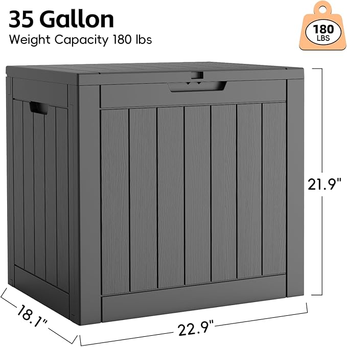 Outdoor Storage Box, 35 Gallon Deck Box Waterproof, Resin Patio Storage Bin for Package Delivery, Patio Furniture Cushion, Garden Tools, Pool Accessories, Weatherproof, Black