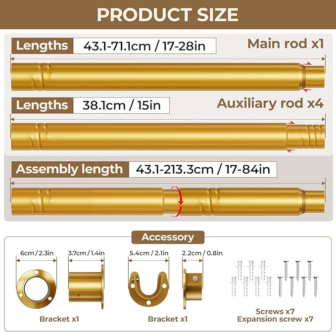 Mavivegue Closet Rod, 17 to 84 Inch Gold Adjustable Closet Rods for Hanging Clothes, Hanging Rod for Closet Wardrobes Laundry RV, Bathroom