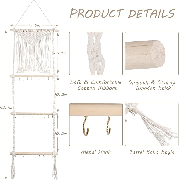 Hanging Jewelry Organizer, Boho Macrame Necklace Hanger Wall Mounted with 30 Hooks,Door Hanging Jewelry Holder with Tassel for Necklaces Display Organizer(Necklace Holder)