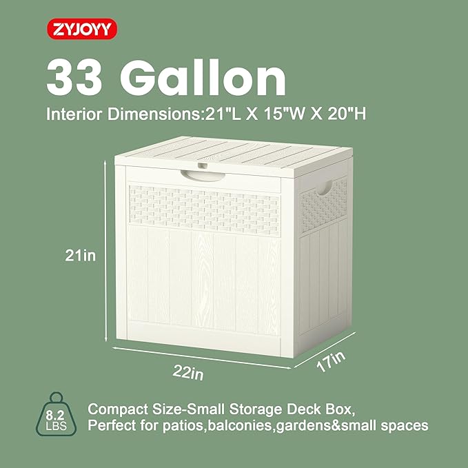ZYJOYY 33 Gallon Resin Deck Box, Weatherproof Outdoor Storage Box for Patio, Garden and Yard, Lockable Waterproof Bin for Tools, Cushions, and Accessories, White