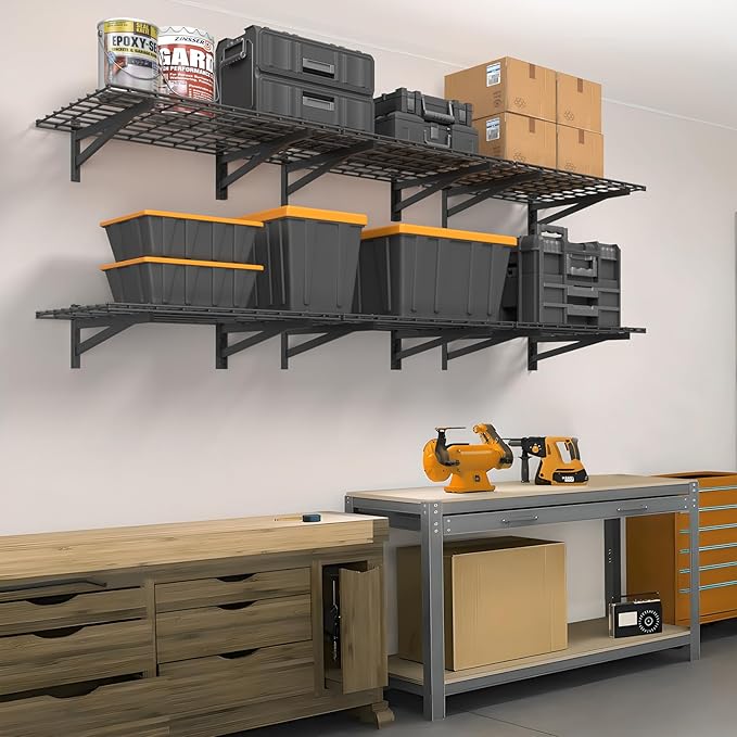 2 Pack Heavy Duty Garage Wall Shelving Set (1.5x4ft), Wall Mounted Garage Shelves 700lbs Capacity, 18"x48" Shelf Storage Rack Floating Shelves, Black