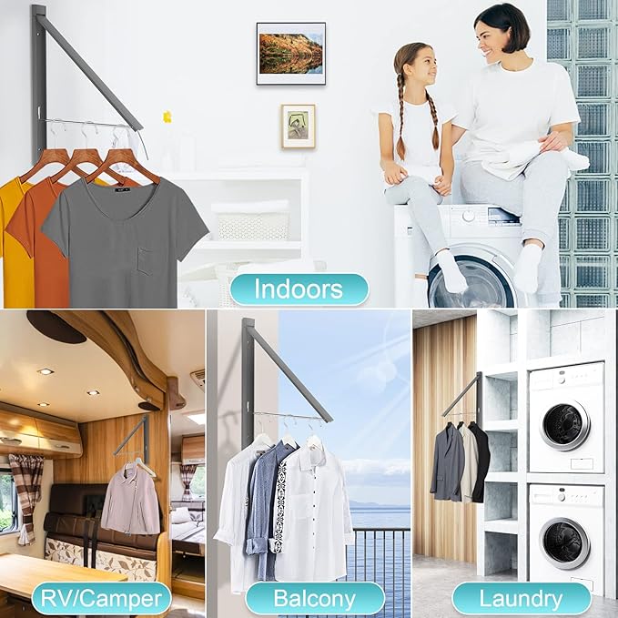 Retractable Clothes Drying Rack, Space Saver Wall Mounted Folding Hanger for Laundry Room, Closet Storage Organization, Easy Installation Aluminium Never Rust Dryer Gray