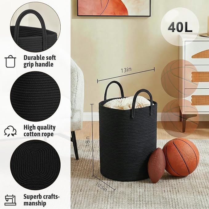 Laundry Basket,Woven Cotton Rope Laundry Hamper,40L Versatile Storage for Dirty Clothes,Baby Toys,and Blankets in Bathroom, Nursery,and Living Room