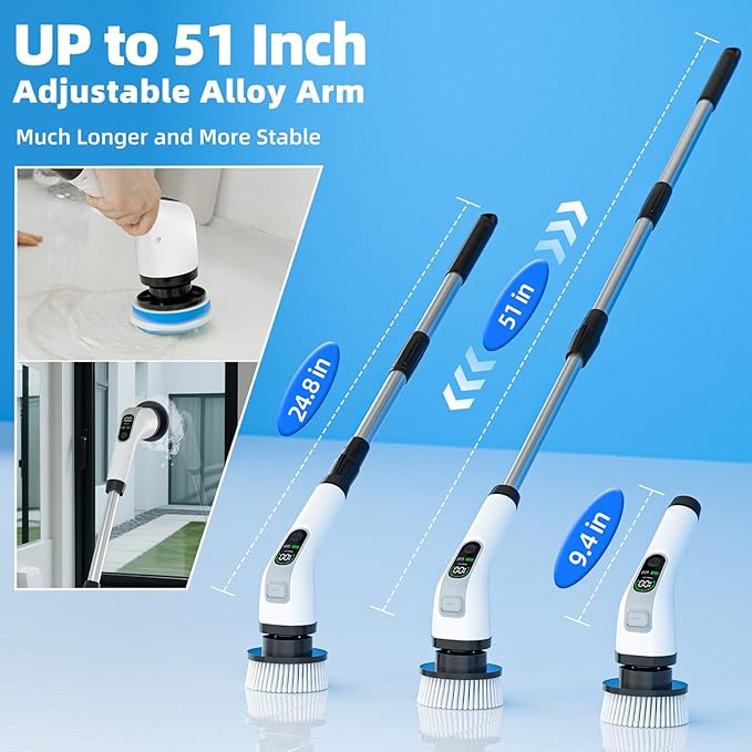 Electric Spin Scrubber, IPX7 Waterproof Power Shower Scrubber with Extension Handle, 7 Replaceable Brush Heads & 3 Hard Bristle Crevice Cleaning Brushes Cleaning Supplies for Bathroom Tub Tile Floor
