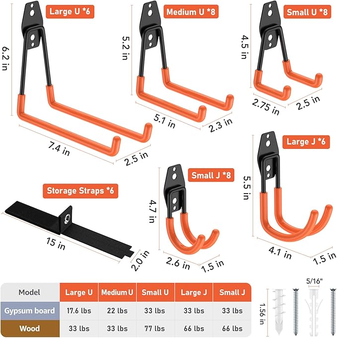 42 Pack Garage Hooks Heavy Duty, Rust-Resistant Solid Steel Wall Mount Hangers for Hanging Ladders & Bikes, Non-Slip PVC Coating Tool Organizer, 5 Sizes U & J Shapes + 6 Straps