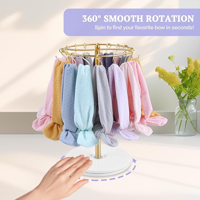 Planetgreen 360° Rotating Headband Holder for Baby Girls - Gold Hair Bow Organizer Display Stand with 30 Hooks - Spinning Hair Accessories Storage Rack for Nursery Room, Dresser & Vanity Table