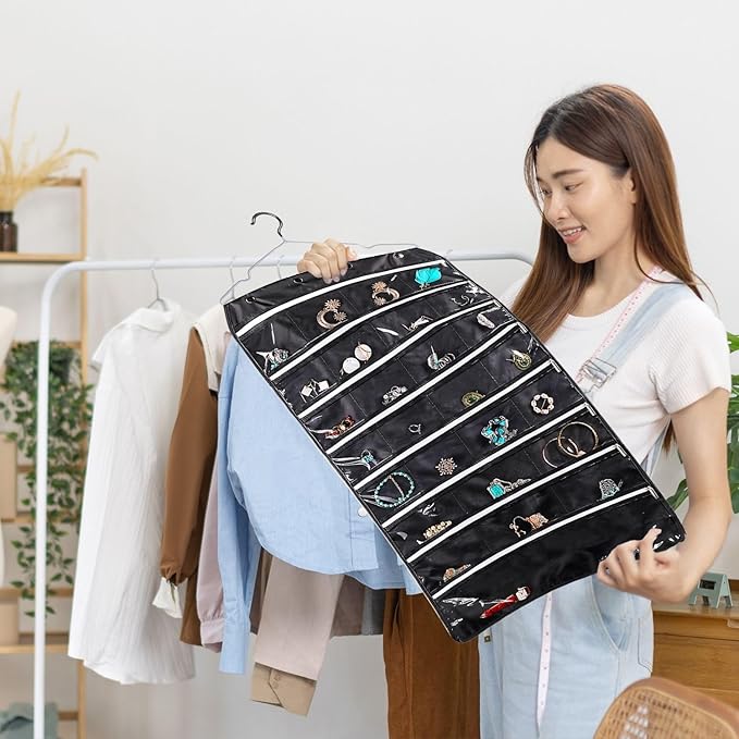 Flexzion Hanging Jewelry Organizer with Zippered Pockets - (1 Pack) Black Closet Jewelry Organizer Storage with Hanger, 56 Pockets Dual Sided Earring Organizer Hanging for Bracelets, Watches, Ring
